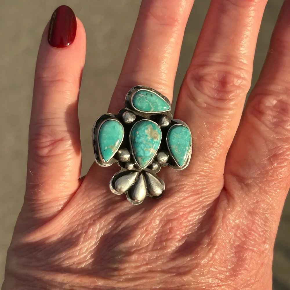 Russell Sam Native American White Water Turquoise Sterling Statement Ring - Picture 9 of 14